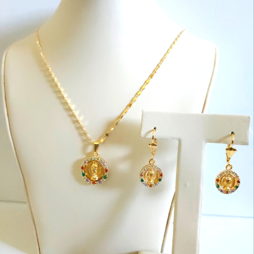 Gold Plated Virgin Guadalupe Necklace & Earring Set w/ Colorful Stones